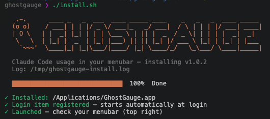 GhostGauge installer running in a terminal — ASCII-art ghost banner and progress bar at 100% done